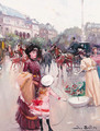 A girl with a hoop in a busy Parisian avenue - Joan Roig Soler
