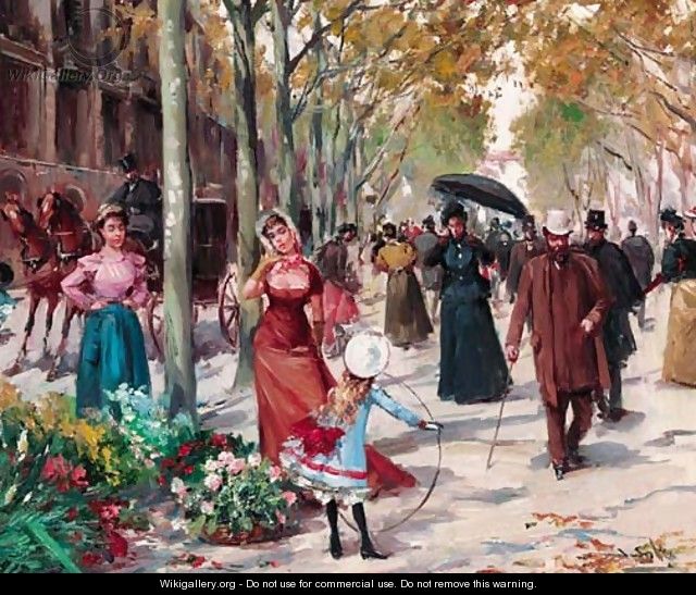 A flower seller on a tree-lined Parisian boulevard - Joan Roig Soler