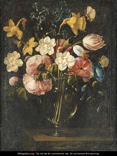 Roses, clematis, a tulip and other flowers in a glass vase on a wooden ledge with a butterfly - Juan De Arellano