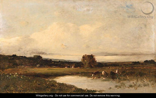 Cows and peasants by a river - Jules Dupre