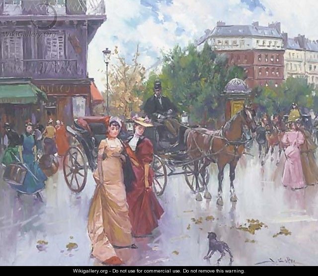 Elegant figures before a carriage in a Parisienne square - Joan Roig Soler