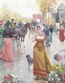 Buying flowers on a bustling Parisian boulevard - Joan Roig Soler