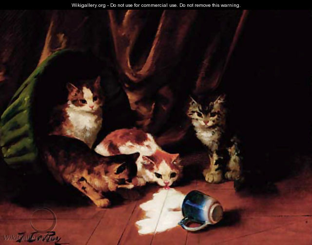 Kittens enjoying spilt milk - Jules Leroy