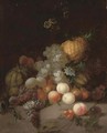 A pineapple, a watermelon, grapes, pears, peaches and other fruits with flowers on a stone ledge - Joseph Rhodes