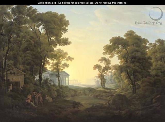 A wooded landscape with figures in ancient dress by a classical temple, other classical buildings beyond - Josef Rebell