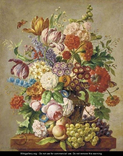 Assorted summer flowers in a vase on a stone ledge - Josef Nigg
