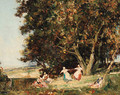Figures dancing in a rustic landscape; and Figures resting on a country path - Joseph Vickers De Ville