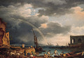 L'Arc en Ciel an Italianate coastal view with a rainbow, fishermen and peasants at an inlet in the foreground, a shipwright's yard beyond - Claude-joseph Vernet