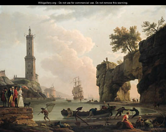 A Mediterranean harbour at sunset, with the artist, his daughter Emilie Chalgrin, his son Carle Vernet, his daughter-in-law, Fanny Moreau - Claude-joseph Vernet