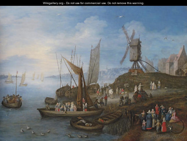 Sailing boats and a windmill at a port - Joseph van Bredael
