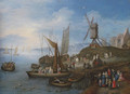 Sailing boats and a windmill at a port - Joseph van Bredael