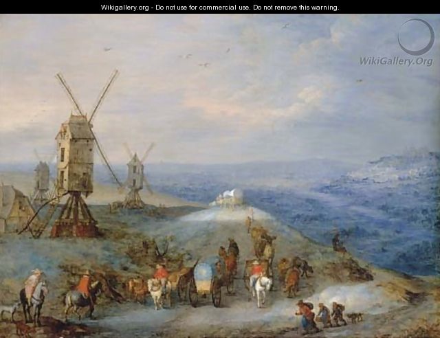 An extensive open landscape with travellers on a path by a windmill - Joseph van Bredael