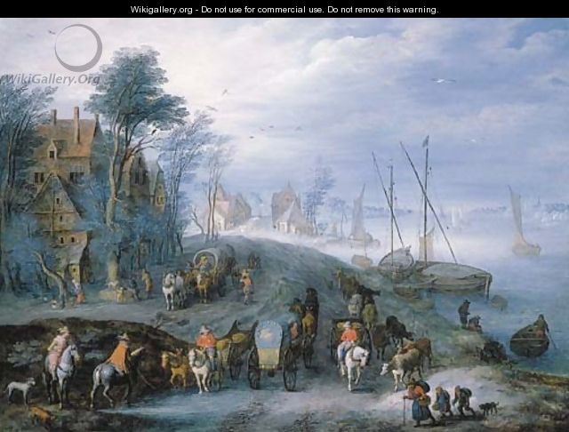 A river landscape with travellers in carriages on a path, shipping beyond - Joseph van Bredael