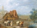 A landscape with travellers and their horses before a farmhouse, windmill beyond - Joseph van Bredael