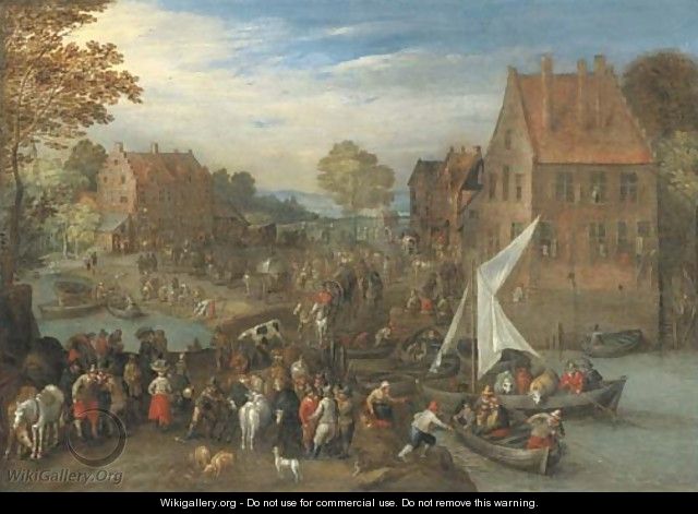 A crowded village landscape with wagons on a path and ferries crossing a river - Joseph van Bredael