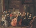 A merry company drinking and smoking in an interior - Joseph van Aken