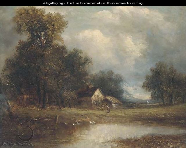 Figure and cottage by a pond - Joseph Thors