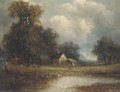 Figure and cottage by a pond - Joseph Thors