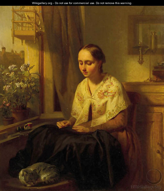 A girl doing needlework - Josephus Laurentius Dyckmans