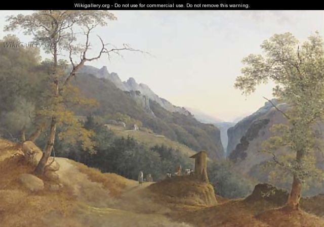 An extensive landscape with travellers at a roadside shrine, a steep gorge beyond - Joseph Augustus Knip