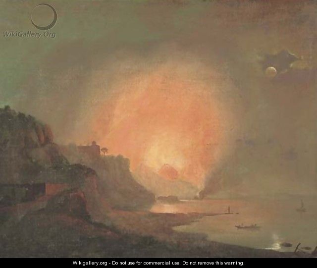 View of Mount Vesuvius erupting by Moonlight from the shore of Posilipo with a fishing boat in the foreground - Josepf Wright Of Derby