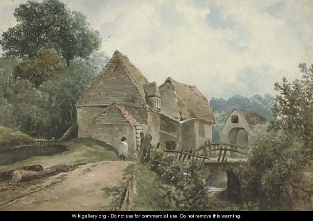 A figure on a path by an old building - Joseph William Allen