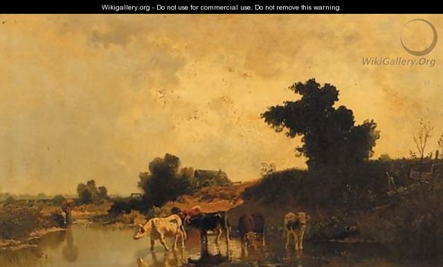 Cattle fording a pond in summer - Joseph Wenglein