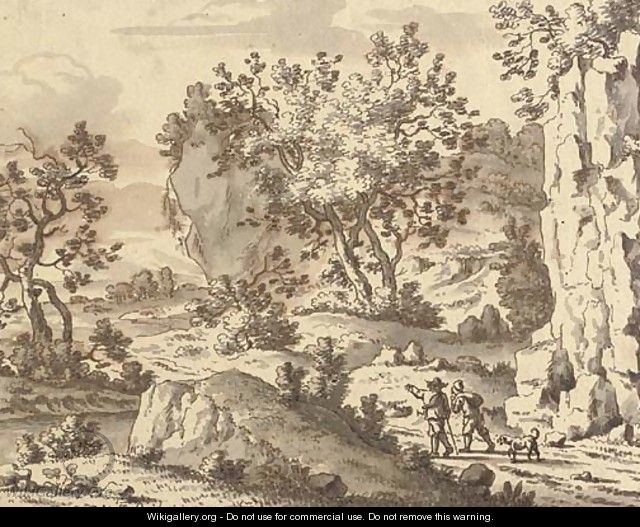 A rocky landscape with travellers on a path - Josua de Grave