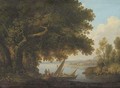 An Italianate lake landscape with figures and boats - Joshua Shaw