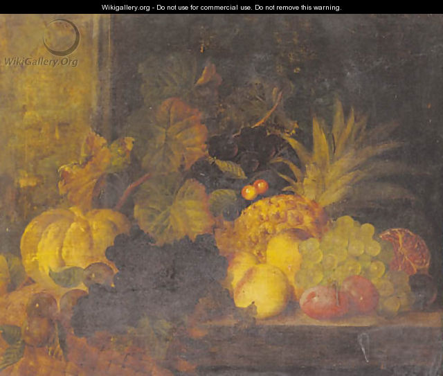 A pumpkin, a pineapple, grapes, plums, peaches, cherries and a pomegranate on a table - Joshua Junior Cook
