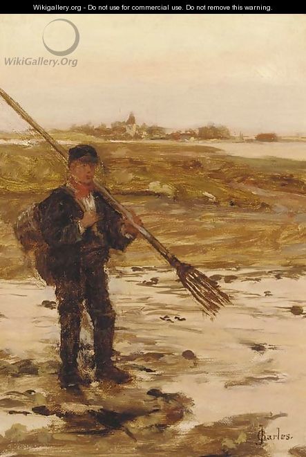 A fisherman on the shore with a town beyond - James Charles