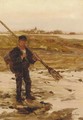 A fisherman on the shore with a town beyond - James Charles