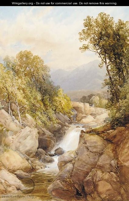 Figures on a bridge beside a waterfall - James Burrell Smith
