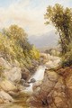 Figures on a bridge beside a waterfall - James Burrell Smith