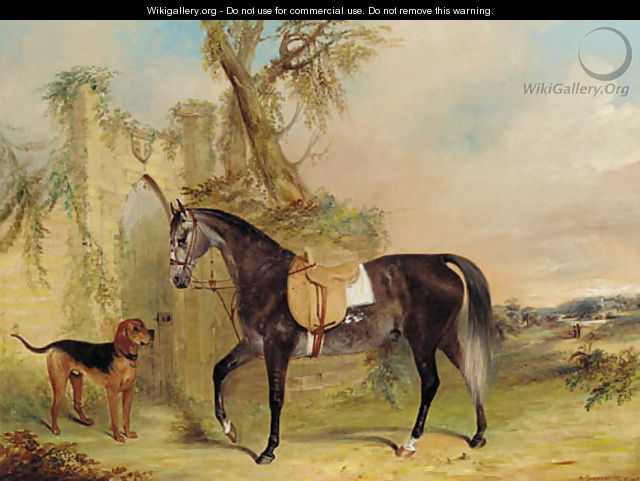 A saddled grey hunter with a dog before a gothic gateway - James Edward Freeman