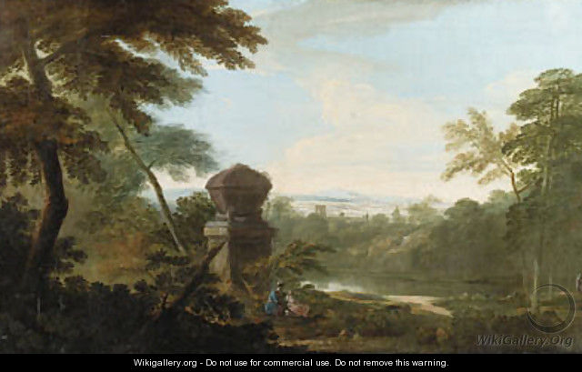 An Italianate wooded river Landscape, with figures in the foreground beside a tomb - James Forrester