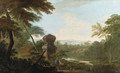 An Italianate wooded river Landscape, with figures in the foreground beside a tomb - James Forrester