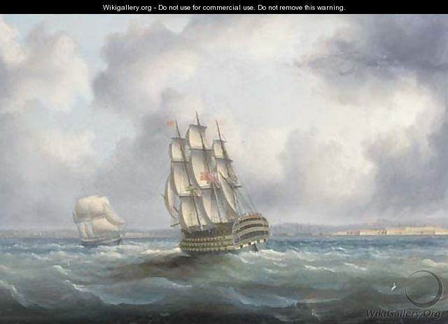 A British First Rate in the Atlantic with Cadiz off to starboard - James E. Buttersworth