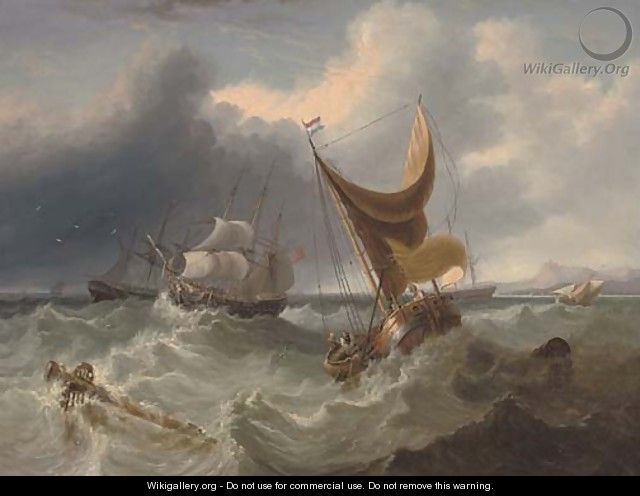 A crowded merchantman in the Channel amidst other shipping - James Duffield Harding