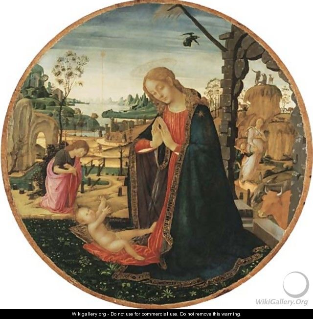 The Madonna and Child, the Youthful Saint John the Baptist and an Angel in a landscape beyond - Jacopo Del Sellaio