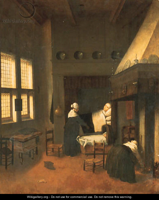 A bedroom with a woman in bed, her child in a cot and nurses - Jacobus Vrel