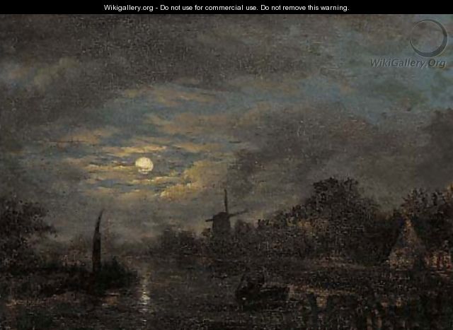 Boatmen on a moonlit waterway - Jacobus Theodorus Abels