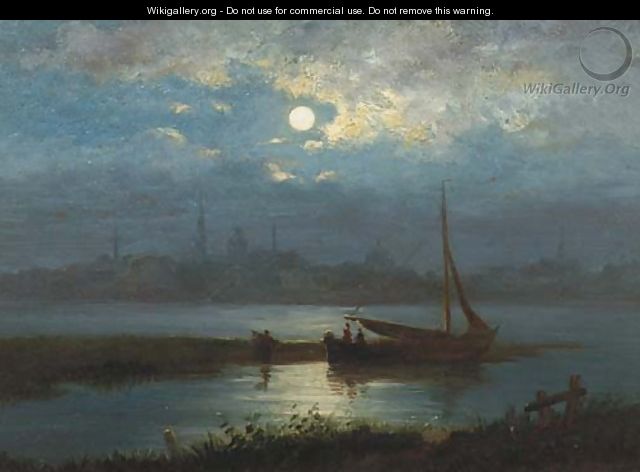 A moonlit riverlandscape with a town in the distance - Jacobus Theodorus Abels