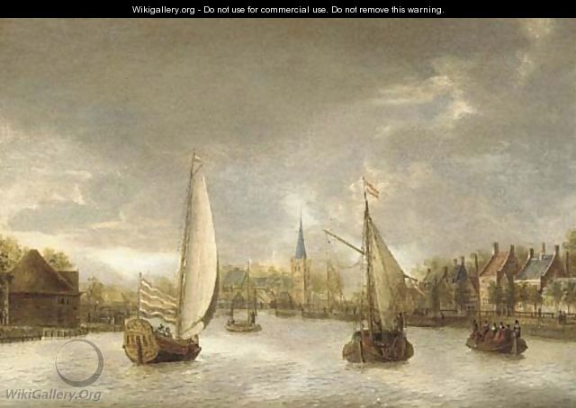 A town on the Vecht with a yacht, a ferry and other boats - Jacobus Storck