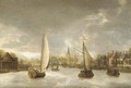 A town on the Vecht with a yacht, a ferry and other boats - Jacobus Storck