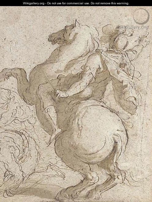 A cavalier on a rearing horse, crouching figures to the left - Jacopo d