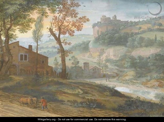 A river landscape with a farmer ploughing in the foreground, a castle seen beyond - Jacques Stella