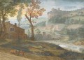 A river landscape with a farmer ploughing in the foreground, a castle seen beyond - Jacques Stella