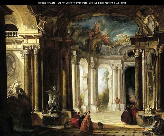 The interior of a baroque palace with elegant company conversing by fountains - Jacques de Lajoue