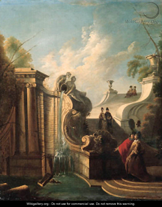 Elegant couples conversing on a staircase by a fountain - Jacques de Lajoue